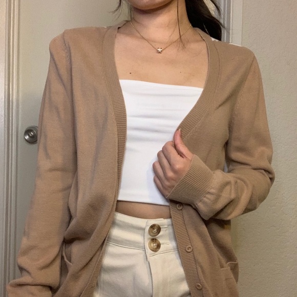 🔴Long tan cardigan with stripe back - Picture 2 of 3